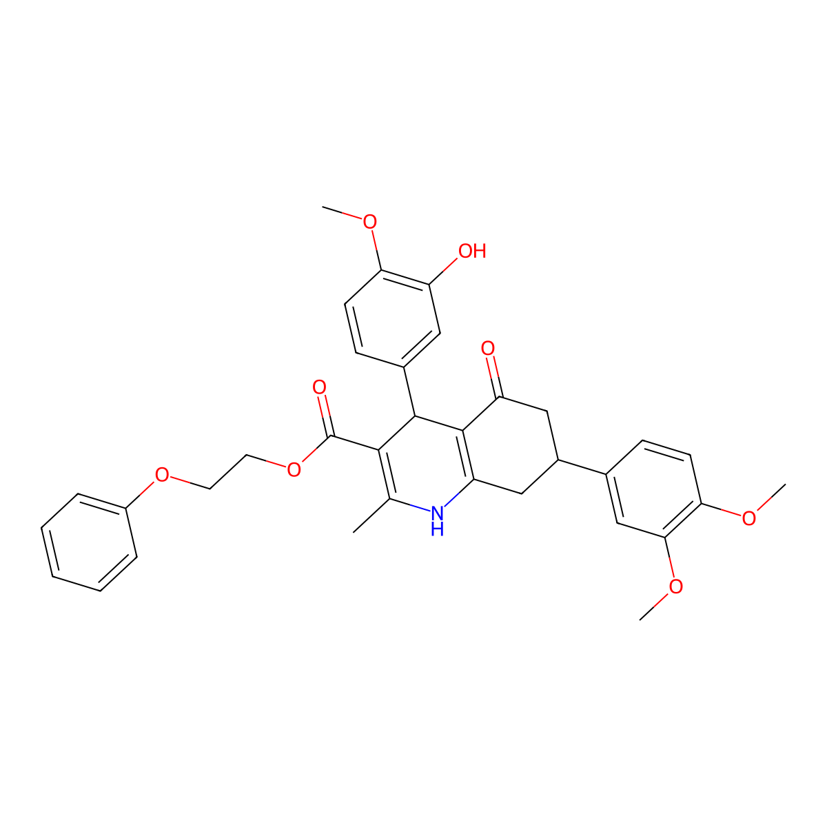 2-Phenoxyethyl 7-(3,4-dimethoxyphenyl)-4-(3-hydroxy-4-methoxyphenyl)-2-methyl-5-oxo-1,4,5,6,7,8-hexahydroquinoline-3-carboxylate molecular structure, CAS 494195-55-0