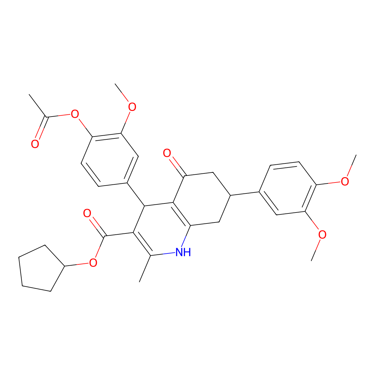 Cyclopentyl 4-(4-acetoxy-3-methoxyphenyl)-7-(3,4-dimethoxyphenyl)-2-methyl-5-oxo-1,4,5,6,7,8-hexahydroquinoline-3-carboxylate molecular structure, CAS 494195-60-7