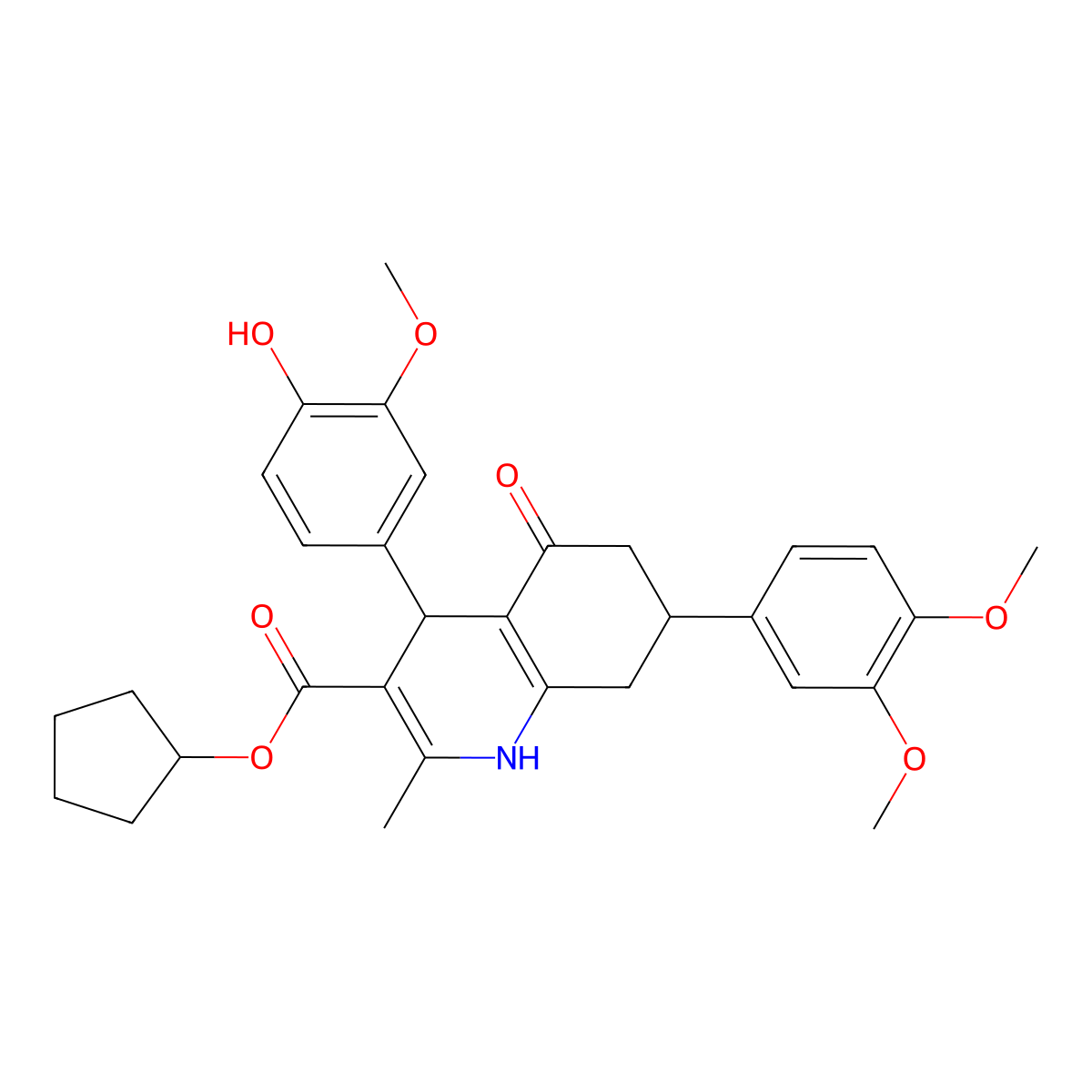 Cyclopentyl 7-(3,4-dimethoxyphenyl)-4-(4-hydroxy-3-methoxyphenyl)-2-methyl-5-oxo-1,4,5,6,7,8-hexahydroquinoline-3-carboxylate molecular structure, CAS 494195-64-1