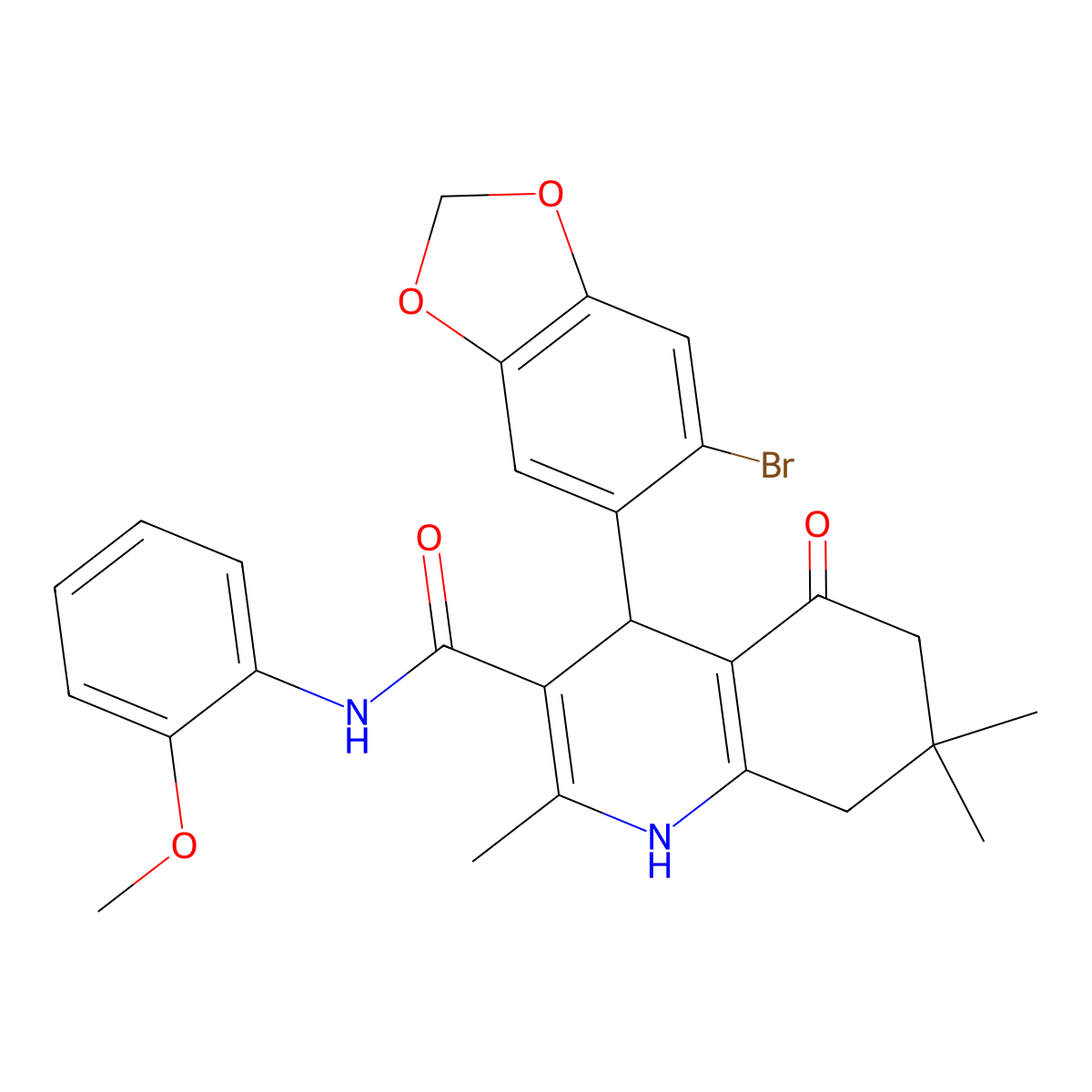 4-(6-Bromobenzo[d][1,3]dioxol-5-yl)-N-(2-methoxyphenyl)-2,7,7-trimethyl-5-oxo-1,4,5,6,7,8-hexahydroquinoline-3-carboxamide molecular structure, CAS 494196-69-9