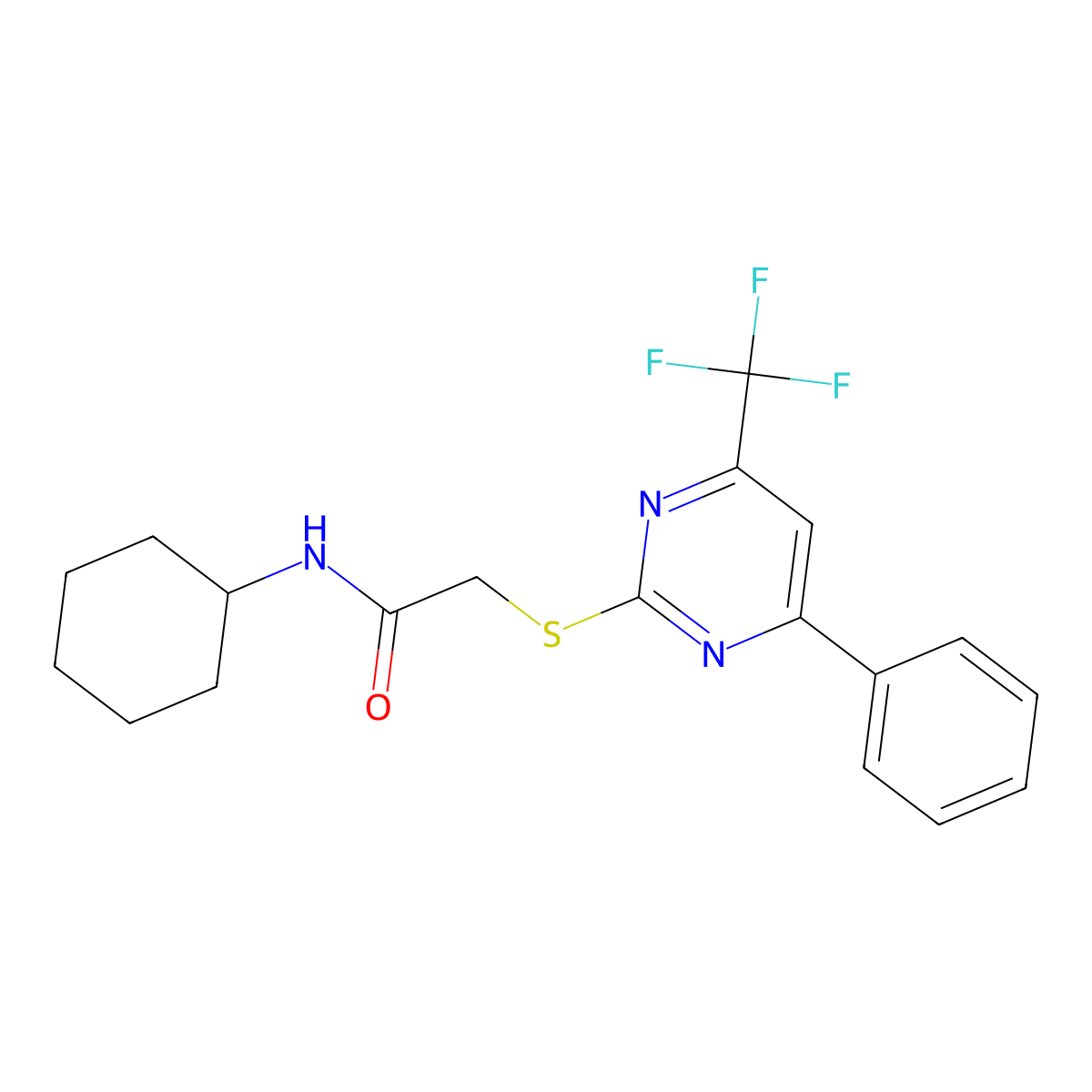 N-cyclohexyl-2-{[4-phenyl-6-(trifluoromethyl)-2-pyrimidinyl]sulfanyl}acetamide molecular structure, CAS 494196-96-2