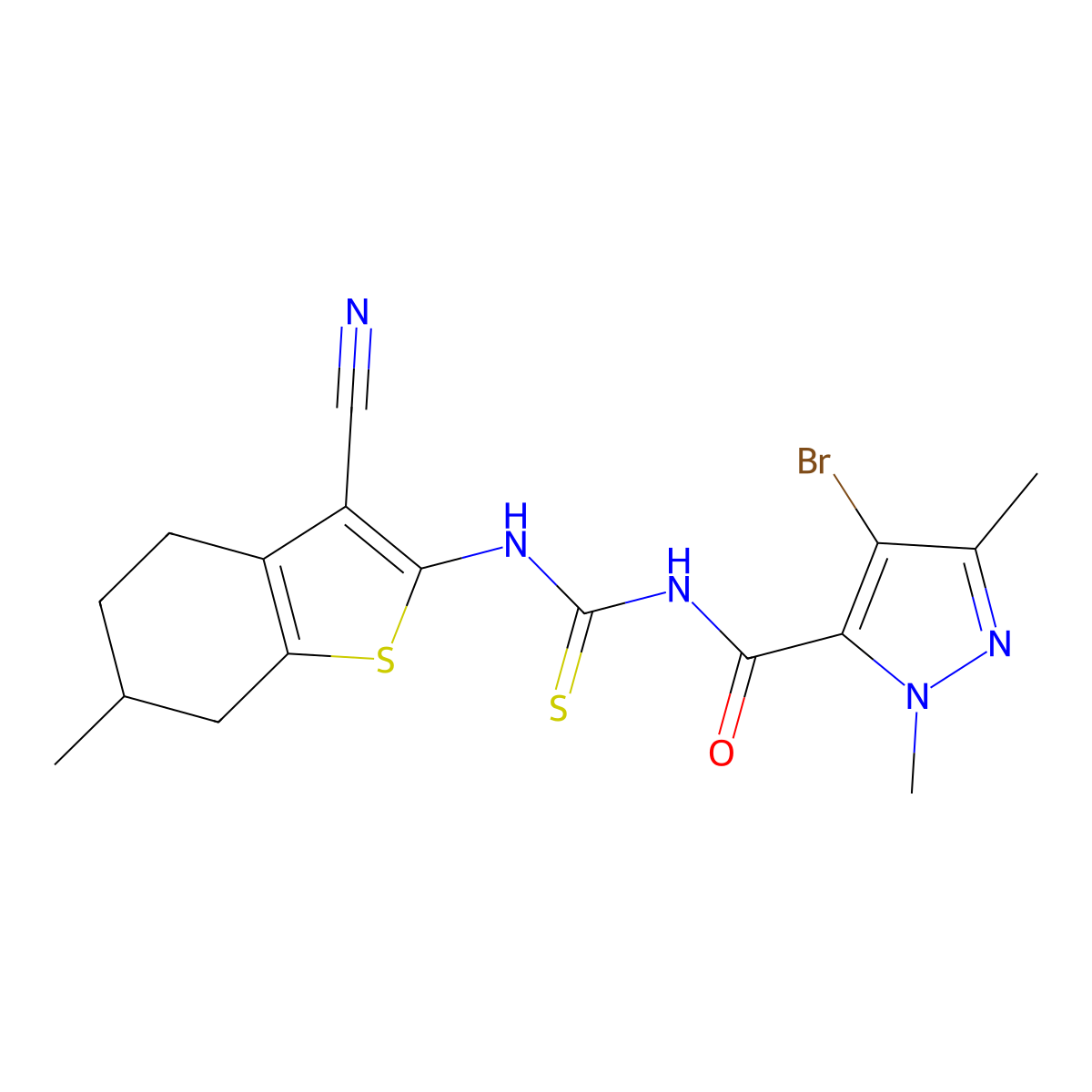4-bromo-N-[(3-cyano-6-methyl-4,5,6,7-tetrahydro-1-benzothiophen-2-yl)carbamothioyl]-2,5-dimethylpyrazole-3-carboxamide molecular structure, CAS 494205-68-4