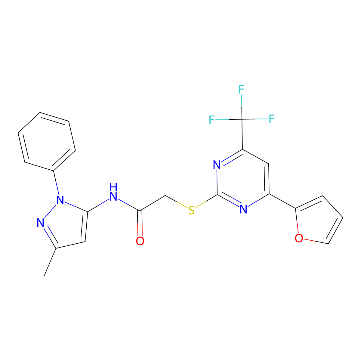 2-[4-(furan-2-yl)-6-(trifluoromethyl)pyrimidin-2-yl]sulfanyl-N-(5-methyl-2-phenylpyrazol-3-yl)acetamide molecular structure, CAS 494214-66-3