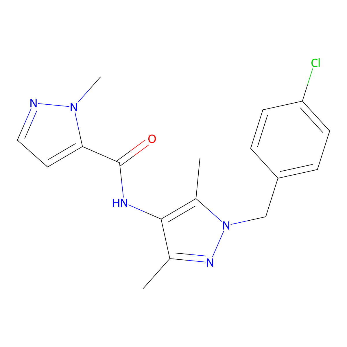 N-[1-(4-chlorobenzyl)-3,5-dimethyl-1H-pyrazol-4-yl]-1-methyl-1H-pyrazole-5-carboxamide molecular structure, CAS 494216-82-9
