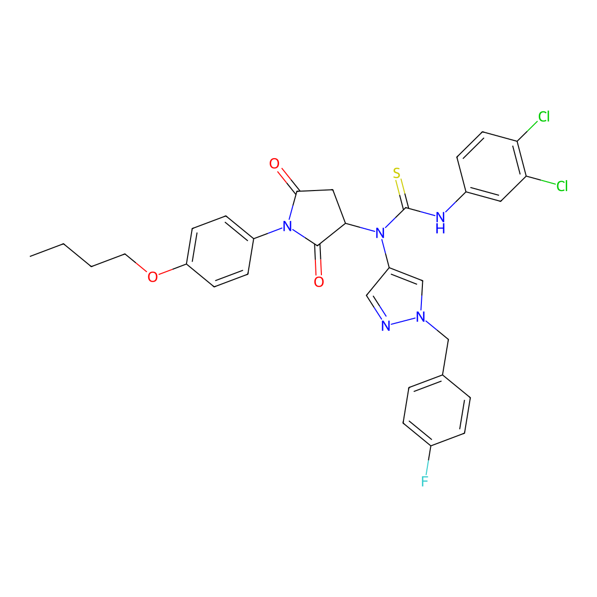 1-[1-(4-Butoxyphenyl)-2,5-dioxopyrrolidin-3-yl]-3-(3,4-dichlorophenyl)-1-[1-[(4-fluorophenyl)methyl]pyrazol-4-yl]thiourea molecular structure, CAS 494216-89-6