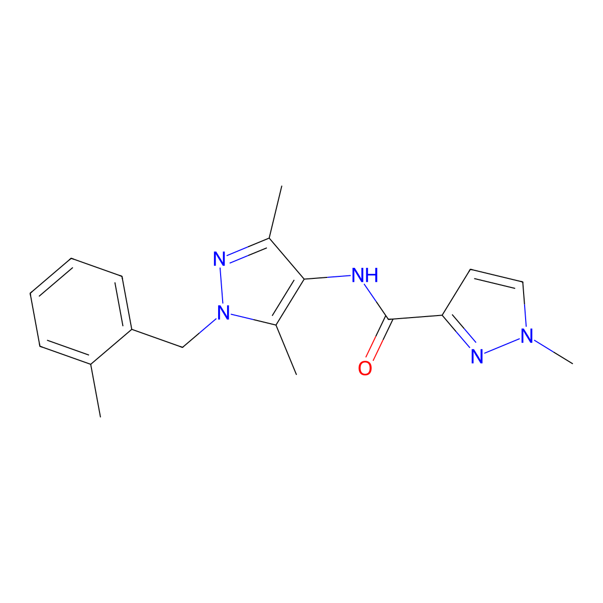 N-[3,5-dimethyl-1-(2-methylbenzyl)-1H-pyrazol-4-yl]-1-methyl-1H-pyrazole-3-carboxamide molecular structure, CAS 494216-94-3