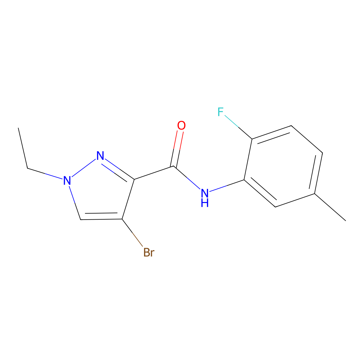 4-bromo-1-ethyl-N-(2-fluoro-5-methylphenyl)pyrazole-3-carboxamide molecular structure, CAS 494216-96-5