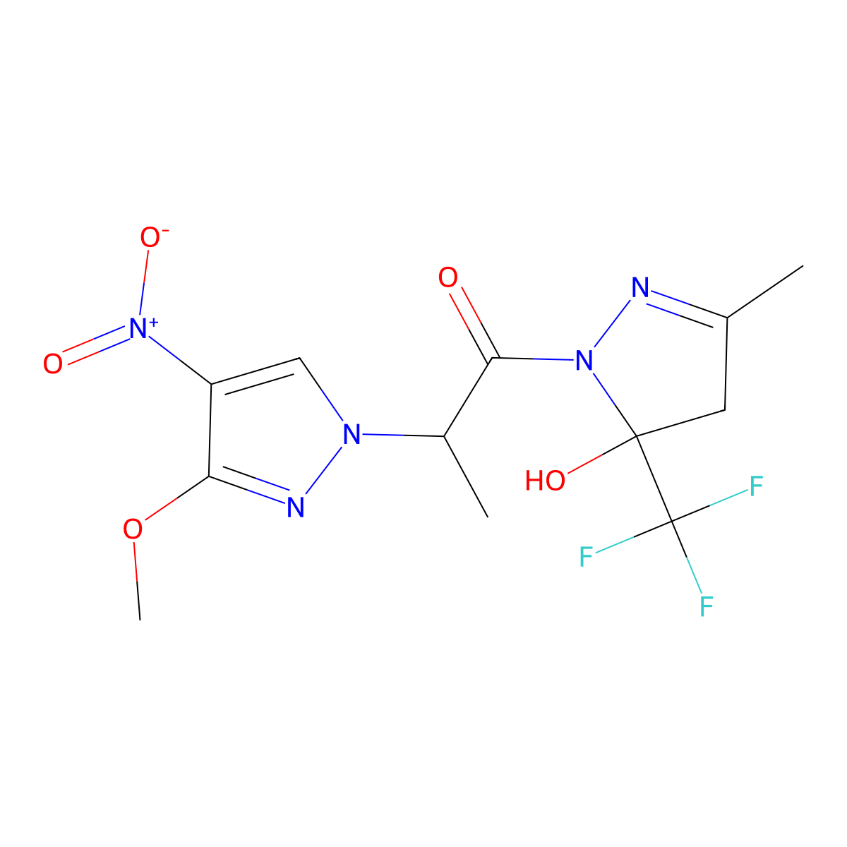 1-[5-hydroxy-3-methyl-5-(trifluoromethyl)-4H-pyrazol-1-yl]-2-(3-methoxy-4-nitropyrazol-1-yl)propan-1-one molecular structure, CAS 494217-02-6
