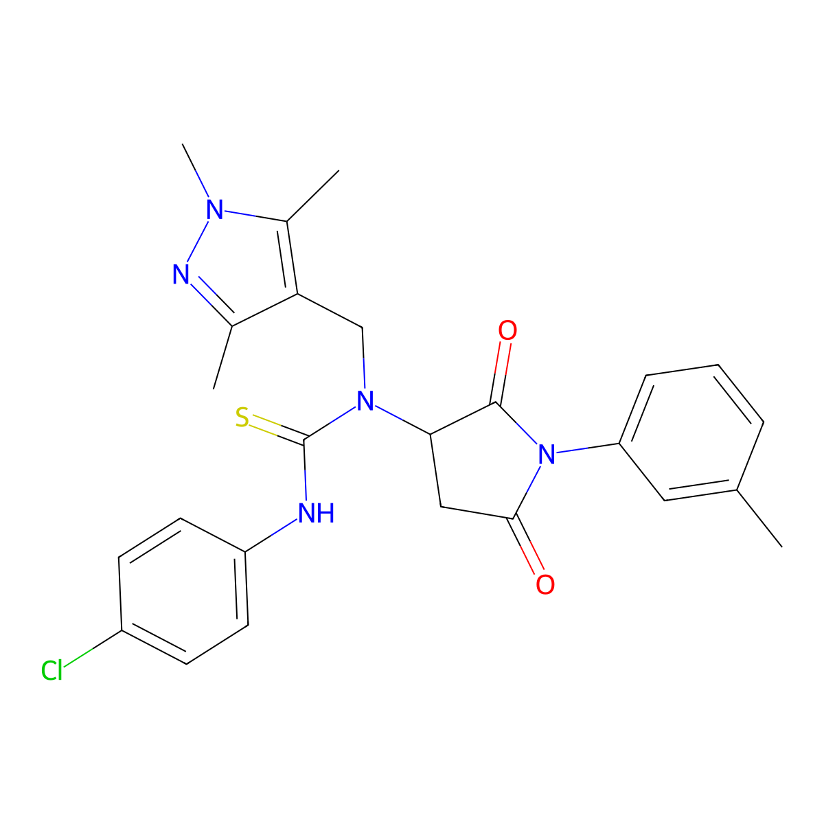 3-(4-Chlorophenyl)-1-[1-(3-methylphenyl)-2,5-dioxopyrrolidin-3-yl]-1-[(1,3,5-trimethylpyrazol-4-yl)methyl]thiourea molecular structure, CAS 494217-07-1