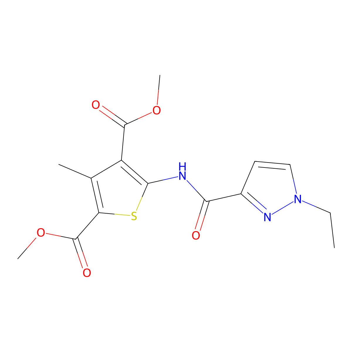 Dimethyl 5-[(1-ethylpyrazole-3-carbonyl)amino]-3-methylthiophene-2,4-dicarboxylate molecular structure, CAS 494217-08-2