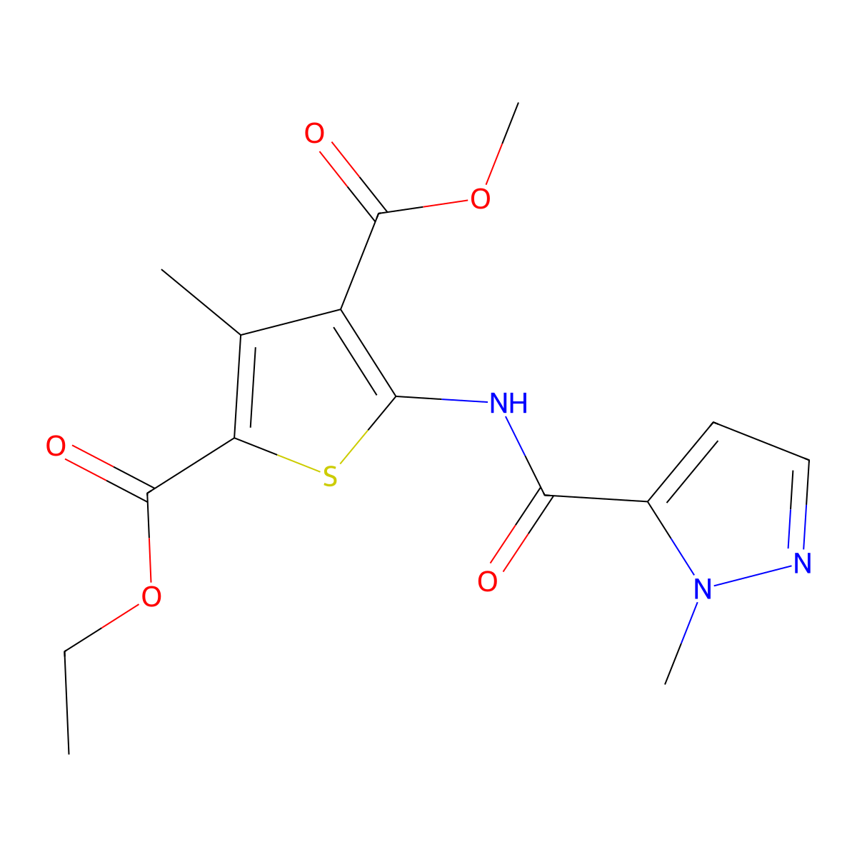 2-ethyl 4-methyl 3-methyl-5-{[(1-methyl-1H-pyrazol-5-yl)carbonyl]amino}-2,4-thiophenedicarboxylate molecular structure, CAS 494217-10-6