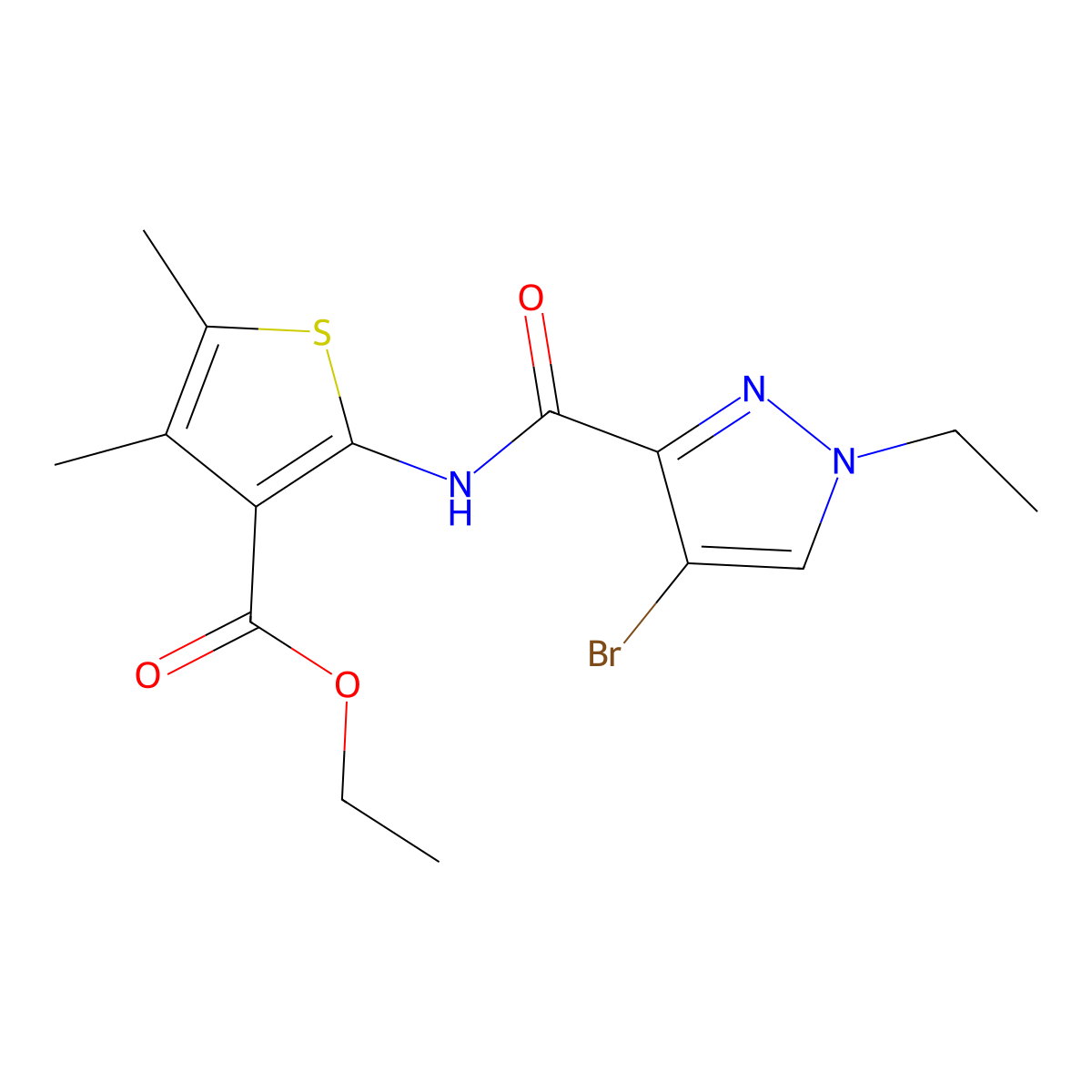 2-[[(4-Bromo-1-ethyl-3-pyrazolyl)-oxomethyl]amino]-4,5-dimethyl-3-thiophenecarboxylic acid ethyl ester molecular structure, CAS 494217-14-0