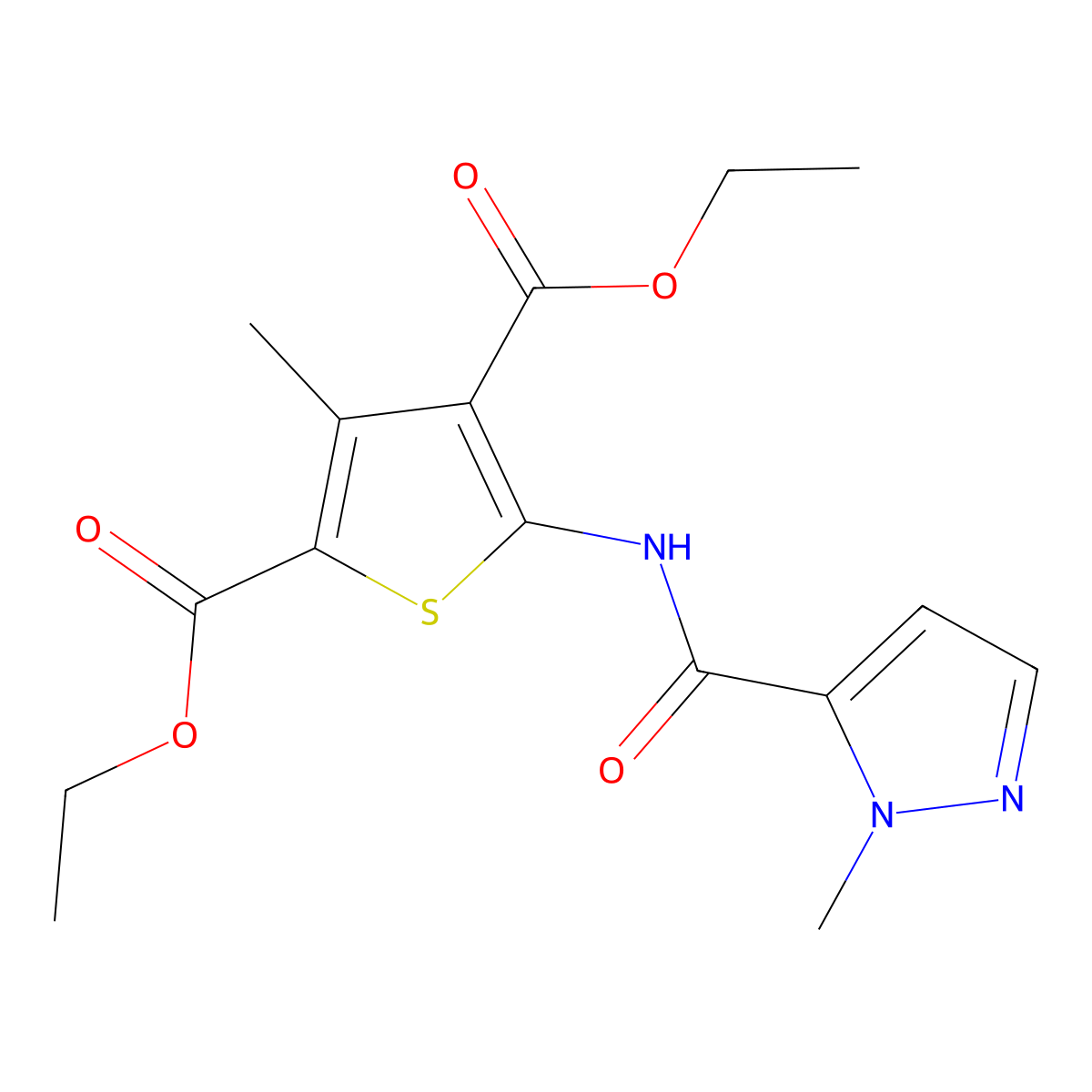 diethyl 3-methyl-5-(1-methyl-1H-pyrazole-5-carboxamido)thiophene-2,4-dicarboxylate molecular structure, CAS 494217-19-5