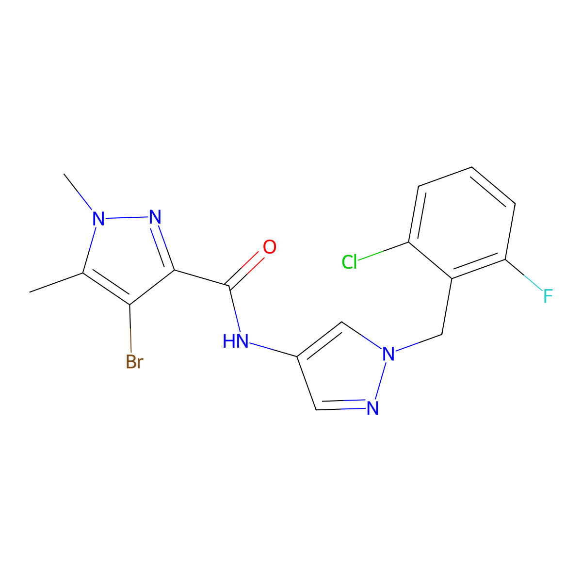 4-bromo-N-[1-(2-chloro-6-fluorobenzyl)-1H-pyrazol-4-yl]-1,5-dimethyl-1H-pyrazole-3-carboxamide molecular structure, CAS 494217-33-3