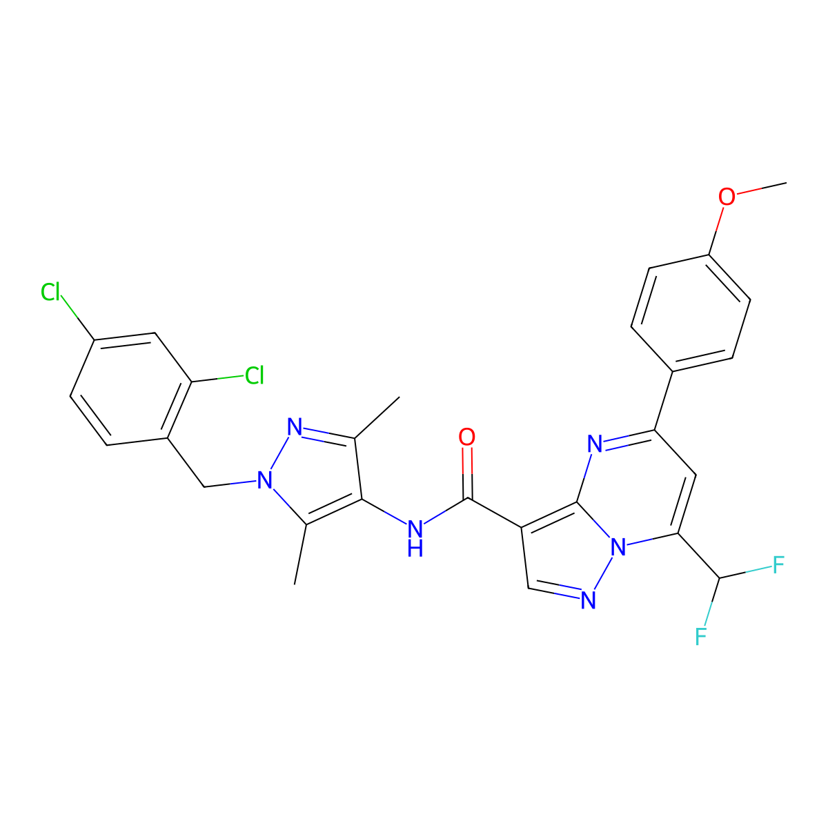 N-[1-(2,4-dichlorobenzyl)-3,5-dimethyl-1H-pyrazol-4-yl]-7-(difluoromethyl)-5-(4-methoxyphenyl)pyrazolo[1,5-a]pyrimidine-3-carboxamide molecular structure, CAS 494217-57-1