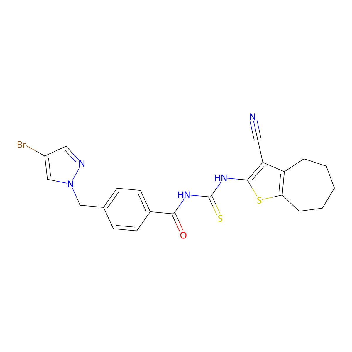 4-[(4-bromopyrazol-1-yl)methyl]-N-[(3-cyano-5,6,7,8-tetrahydro-4H-cyclohepta[b]thiophen-2-yl)carbamothioyl]benzamide molecular structure, CAS 494217-69-5