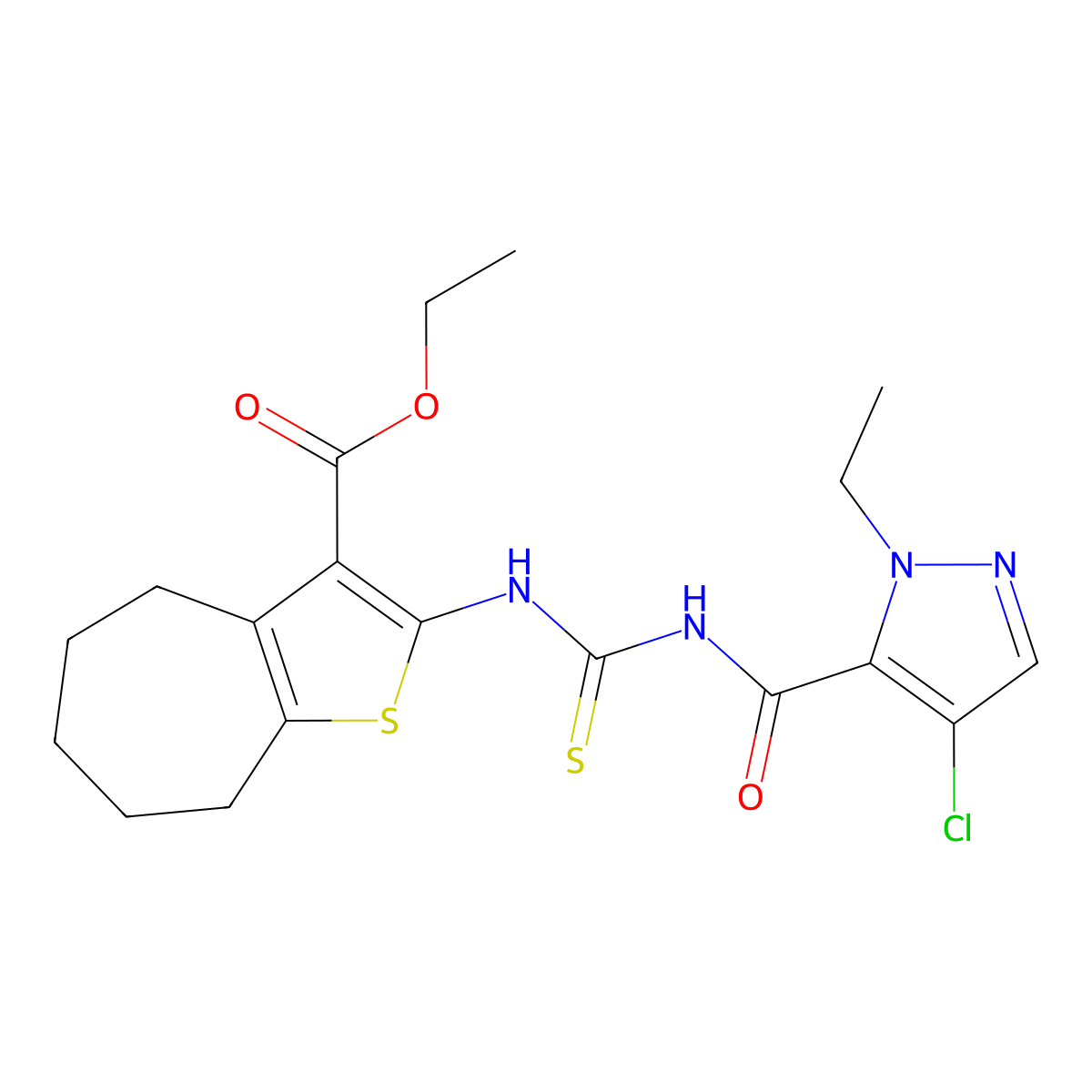 ethyl 2-[(4-chloro-2-ethylpyrazole-3-carbonyl)carbamothioylamino]-5,6,7,8-tetrahydro-4H-cyclohepta[b]thiophene-3-carboxylate molecular structure, CAS 494217-70-8