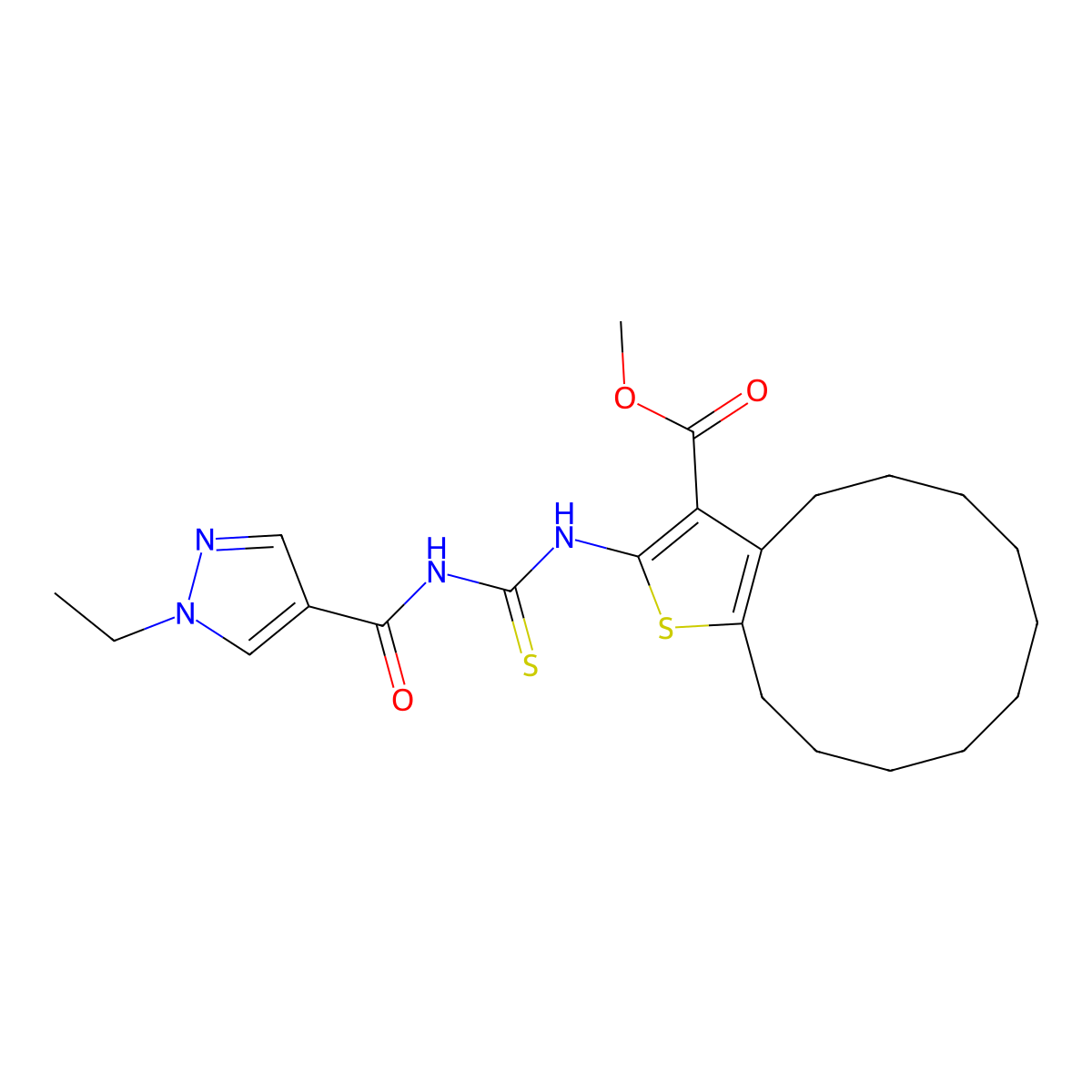 Methyl 2-[(1-ethylpyrazole-4-carbonyl)carbamothioylamino]-4,5,6,7,8,9,10,11,12,13-decahydrocyclododeca[b]thiophene-3-carboxylate molecular structure, CAS 494217-73-1