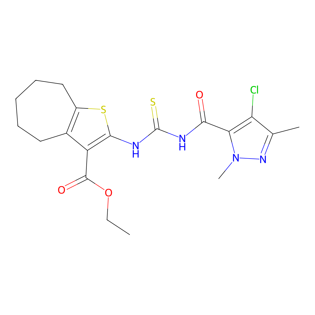 ethyl 2-[(4-chloro-2,5-dimethylpyrazole-3-carbonyl)carbamothioylamino]-5,6,7,8-tetrahydro-4H-cyclohepta[b]thiophene-3-carboxylate molecular structure, CAS 494217-75-3