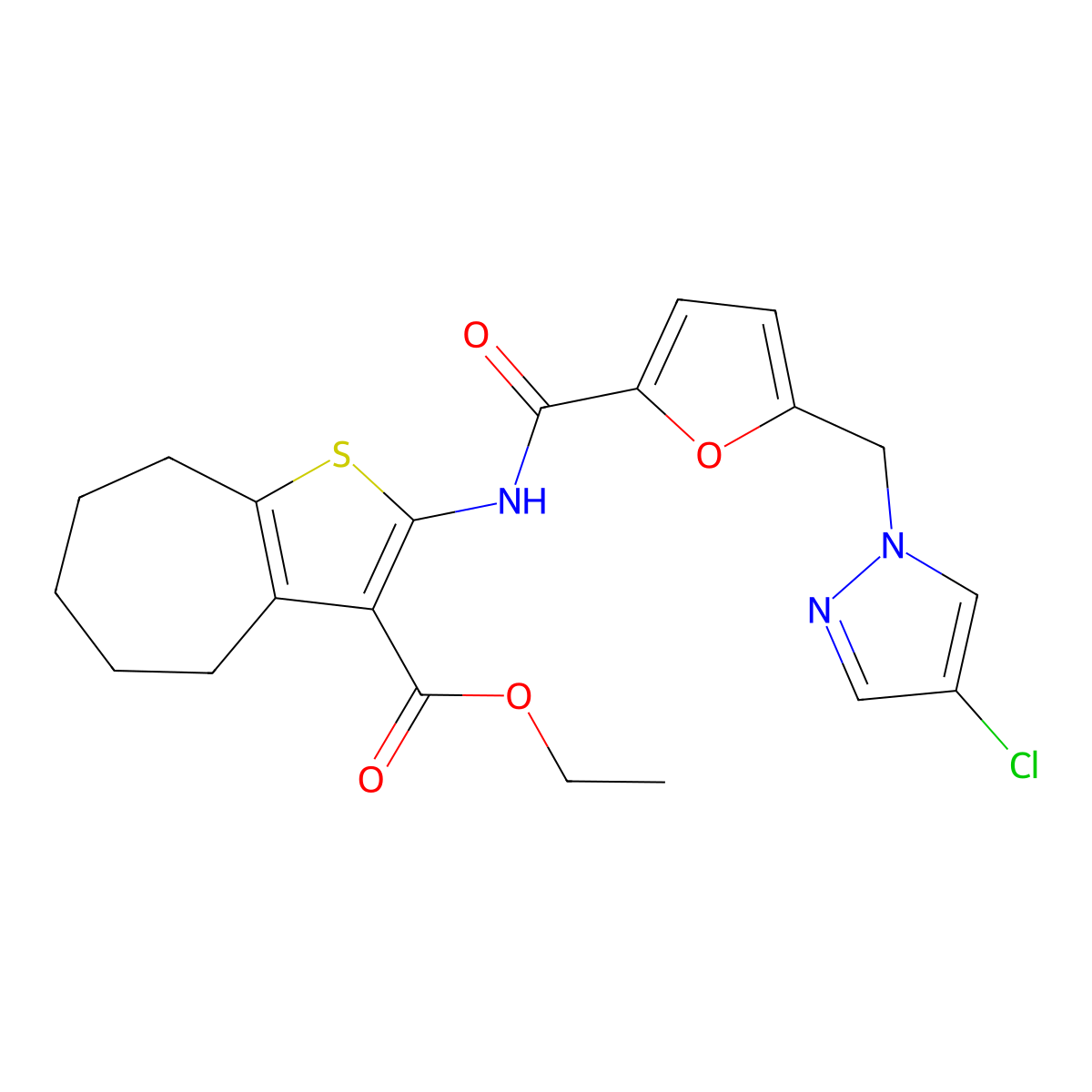 ethyl 2-[[5-[(4-chloropyrazol-1-yl)methyl]furan-2-carbonyl]amino]-5,6,7,8-tetrahydro-4H-cyclohepta[b]thiophene-3-carboxylate molecular structure, CAS 494217-78-6