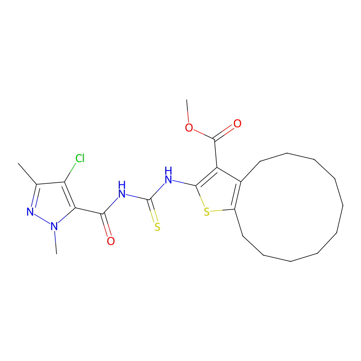 Methyl 2-[(4-chloro-2,5-dimethylpyrazole-3-carbonyl)carbamothioylamino]-4,5,6,7,8,9,10,11,12,13-decahydrocyclododeca[b]thiophene-3-carboxylate molecular structure, CAS 494217-83-3