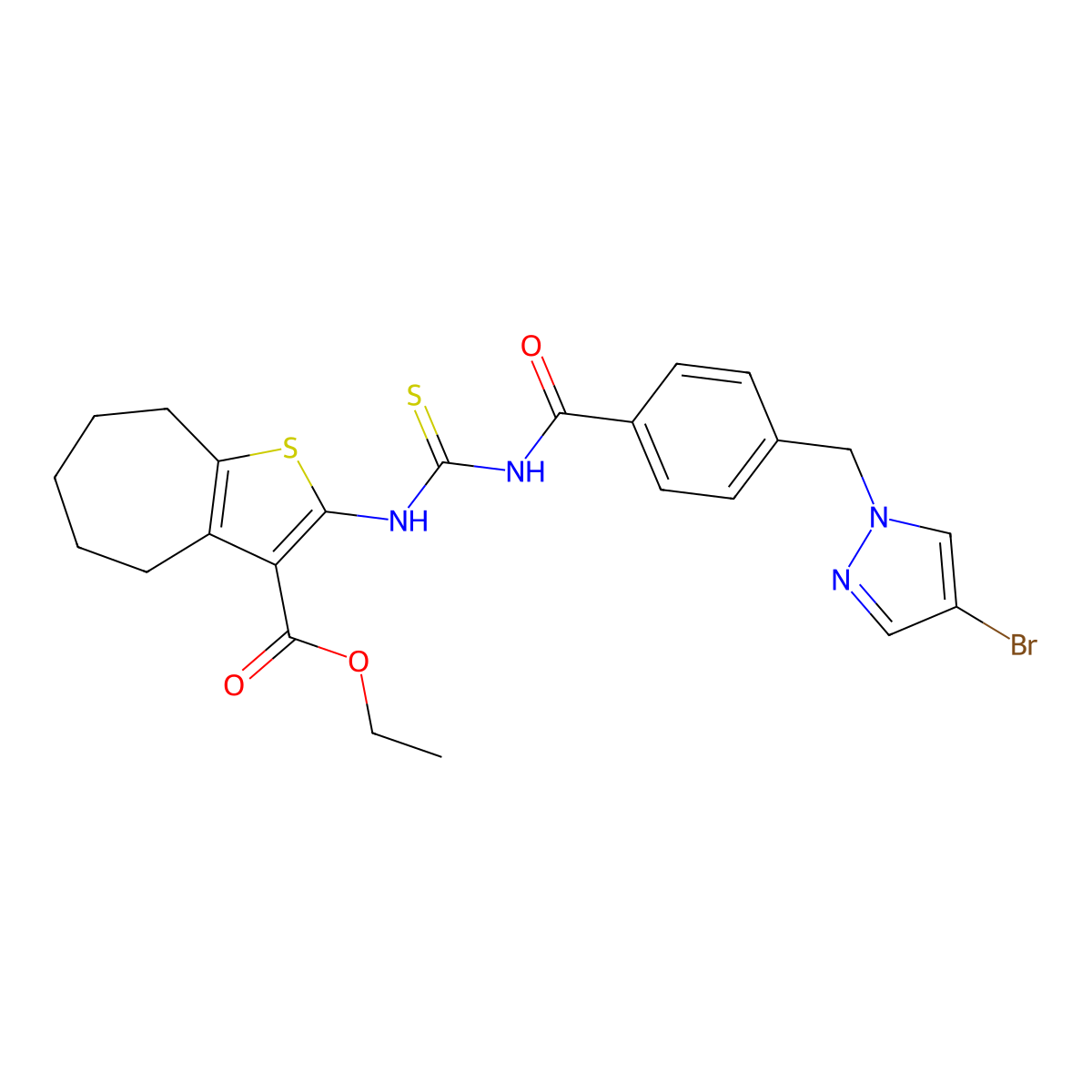 ethyl 2-{[({4-[(4-bromo-1H-pyrazol-1-yl)methyl]benzoyl}amino)carbothioyl]amino}-5,6,7,8-tetrahydro-4H-cyclohepta[b]thiophene-3-carboxylate molecular structure, CAS 494217-87-7
