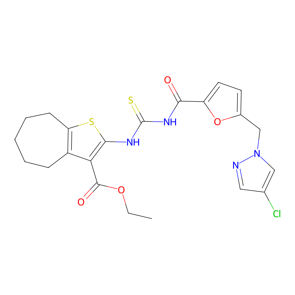 ethyl 2-{[({5-[(4-chloro-1H-pyrazol-1-yl)methyl]-2-furoyl}amino)carbothioyl]amino}-5,6,7,8-tetrahydro-4H-cyclohepta[b]thiophene-3-carboxylate molecular structure, CAS 494217-89-9