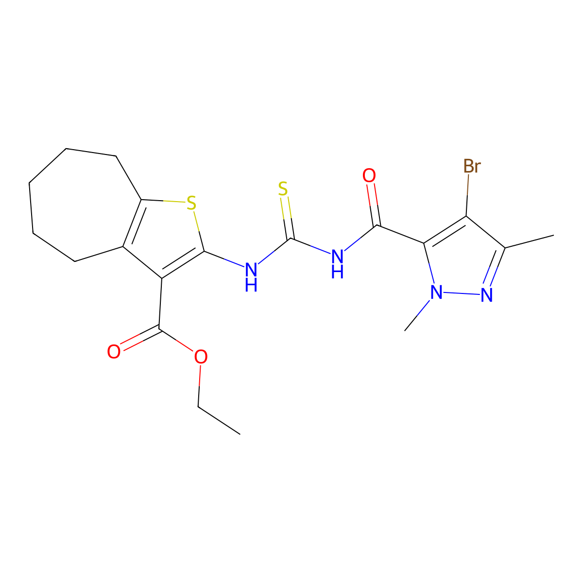ethyl 2-[(4-bromo-2,5-dimethylpyrazole-3-carbonyl)carbamothioylamino]-5,6,7,8-tetrahydro-4H-cyclohepta[b]thiophene-3-carboxylate molecular structure, CAS 494217-90-2