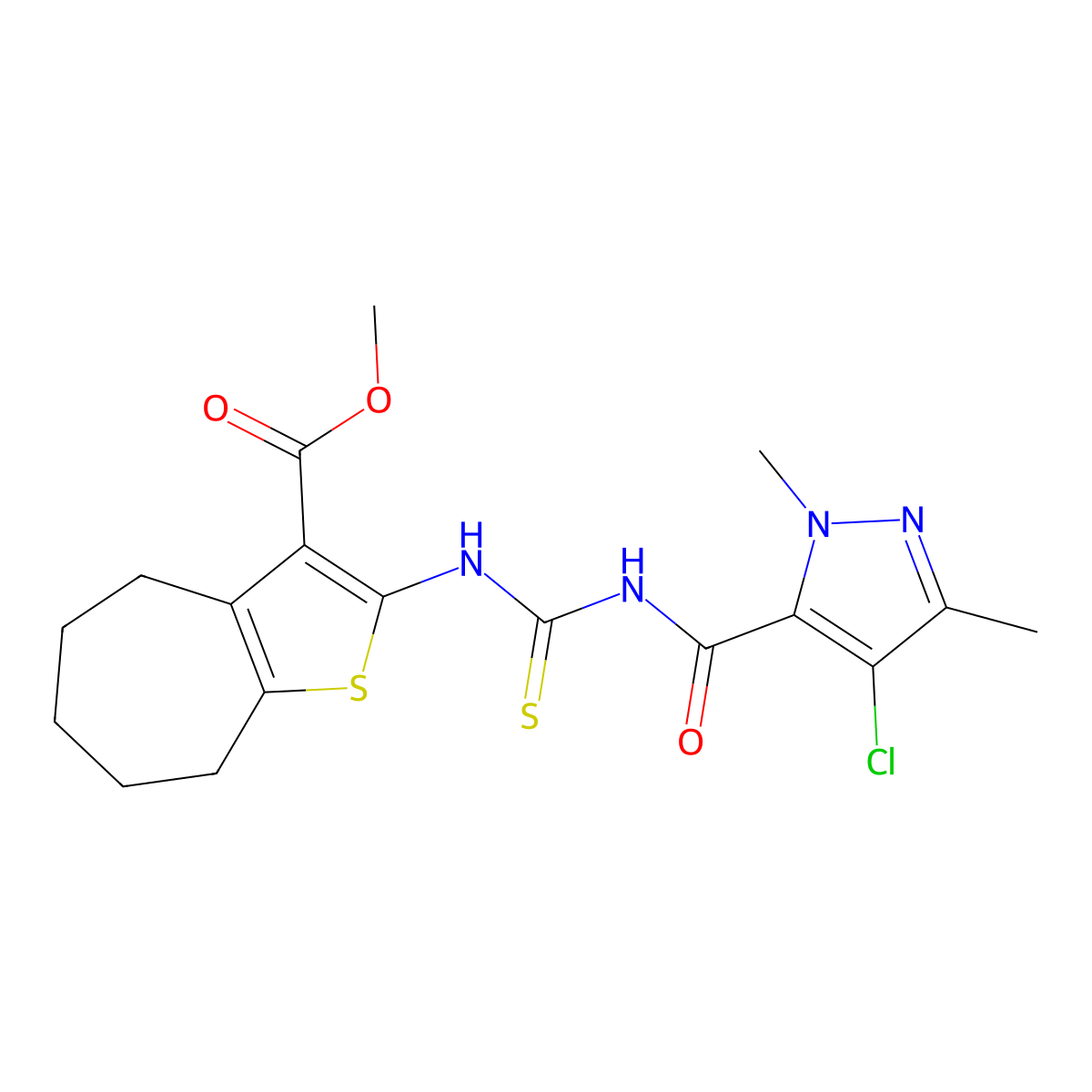 methyl 2-[(4-chloro-2,5-dimethylpyrazole-3-carbonyl)carbamothioylamino]-5,6,7,8-tetrahydro-4H-cyclohepta[b]thiophene-3-carboxylate molecular structure, CAS 494217-91-3