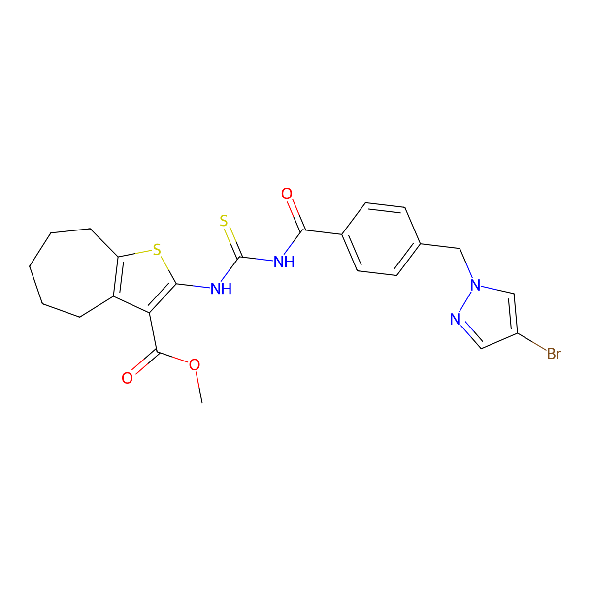 methyl 2-[[4-[(4-bromopyrazol-1-yl)methyl]benzoyl]carbamothioylamino]-5,6,7,8-tetrahydro-4H-cyclohepta[b]thiophene-3-carboxylate molecular structure, CAS 494217-92-4