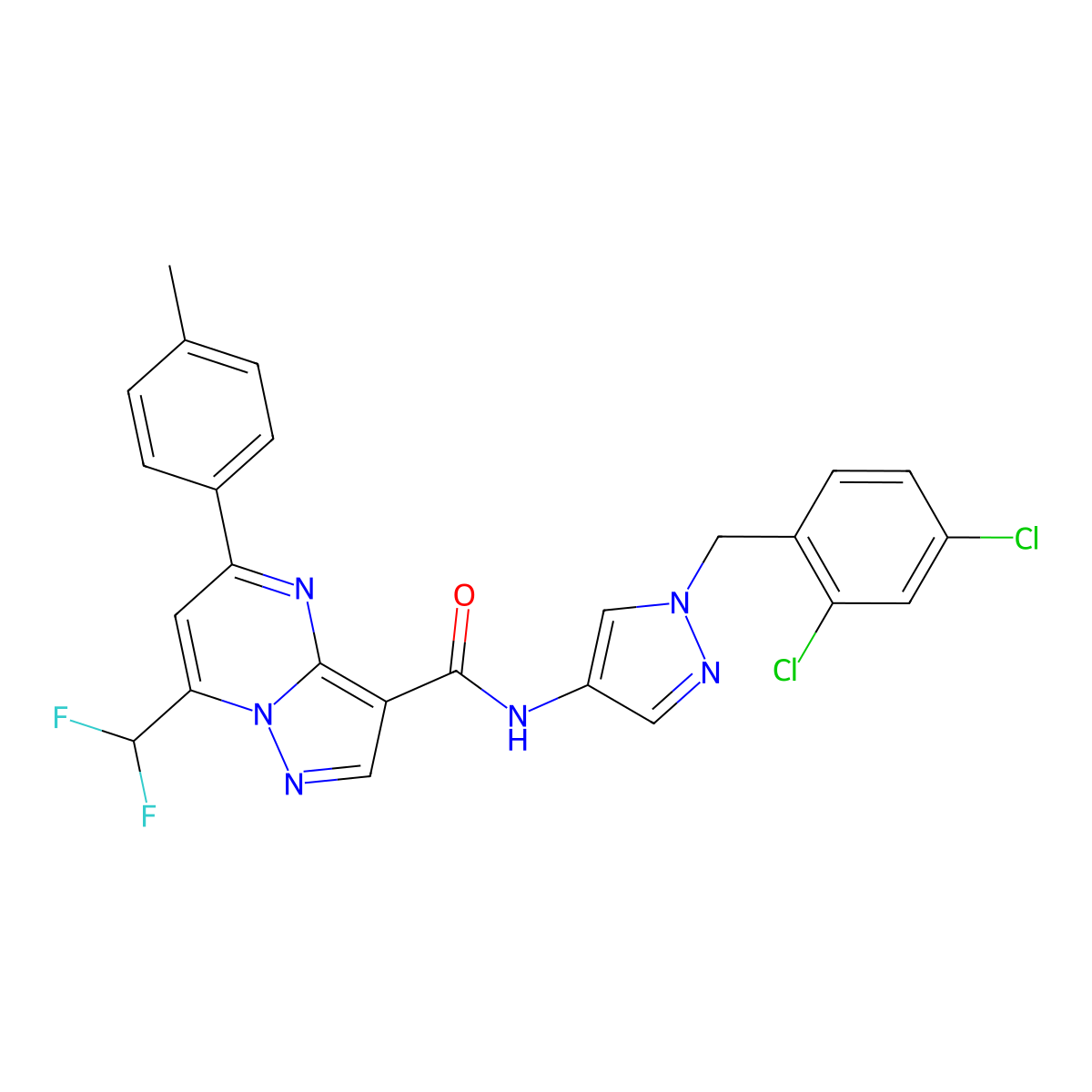 N-[1-(2,4-dichlorobenzyl)-1H-pyrazol-4-yl]-7-(difluoromethyl)-5-(4-methylphenyl)pyrazolo[1,5-a]pyrimidine-3-carboxamide molecular structure, CAS 494218-03-0