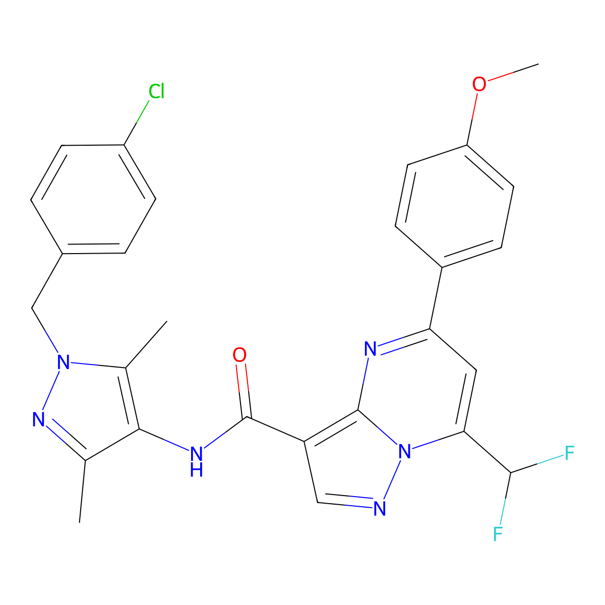 N-[1-(4-chlorobenzyl)-3,5-dimethyl-1H-pyrazol-4-yl]-7-(difluoromethyl)-5-(4-methoxyphenyl)pyrazolo[1,5-a]pyrimidine-3-carboxamide molecular structure, CAS 494218-14-3