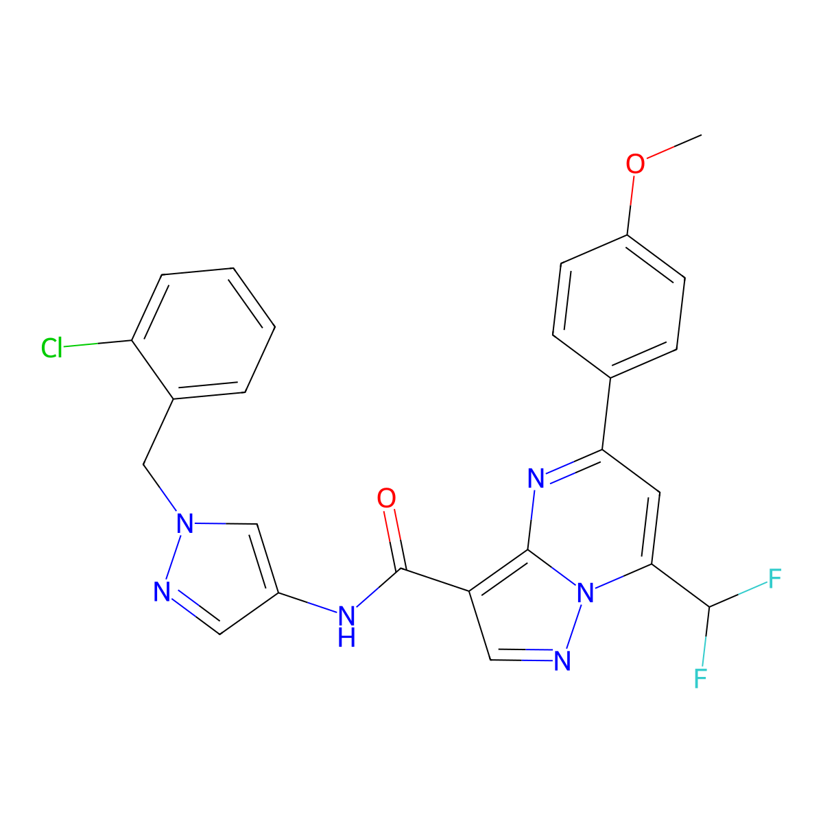 N-[1-(2-chlorobenzyl)-1H-pyrazol-4-yl]-7-(difluoromethyl)-5-(4-methoxyphenyl)pyrazolo[1,5-a]pyrimidine-3-carboxamide molecular structure, CAS 494218-18-7