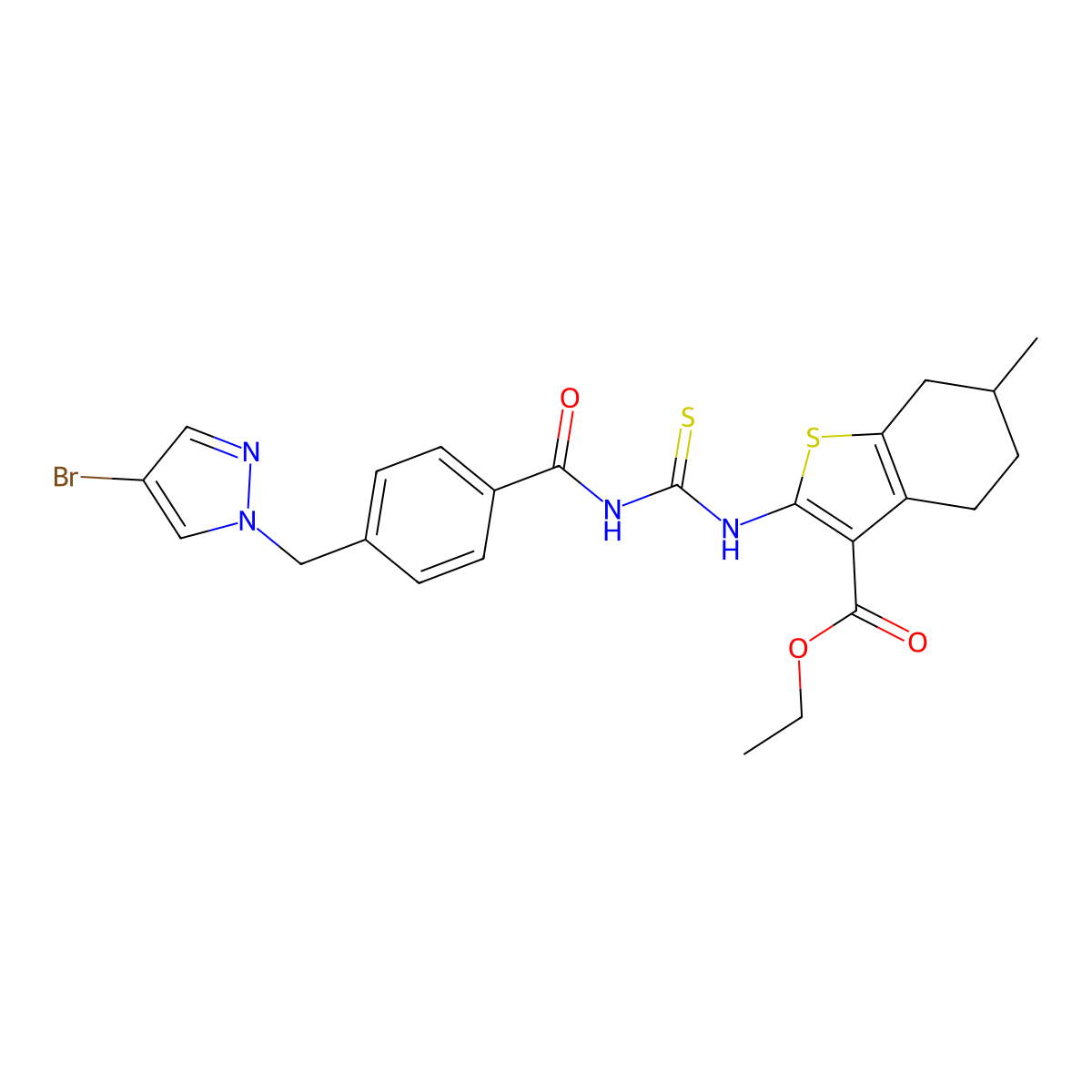 ethyl 2-{[({4-[(4-bromo-1H-pyrazol-1-yl)methyl]benzoyl}amino)carbothioyl]amino}-6-methyl-4,5,6,7-tetrahydro-1-benzothiophene-3-carboxylate molecular structure, CAS 494218-35-8
