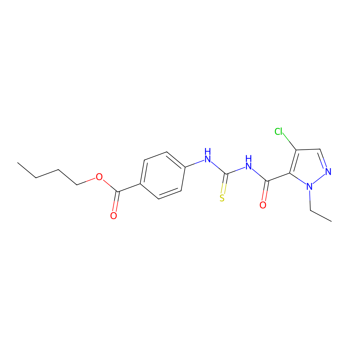 butyl 4-[({[(4-chloro-1-ethyl-1H-pyrazol-5-yl)carbonyl]amino}carbothioyl)amino]benzoate molecular structure, CAS 494218-37-0