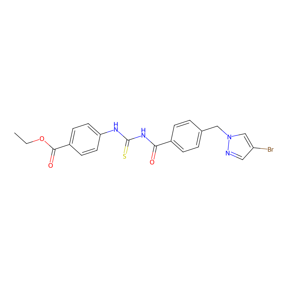 ethyl 4-{[({4-[(4-bromo-1H-pyrazol-1-yl)methyl]phenyl}carbonyl)carbamothioyl]amino}benzoate molecular structure, CAS 494218-41-6
