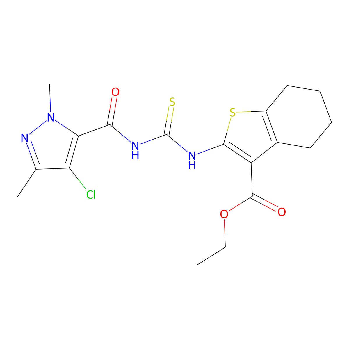 Ethyl 2-[(4-chloro-2,5-dimethylpyrazole-3-carbonyl)carbamothioylamino]-4,5,6,7-tetrahydro-1-benzothiophene-3-carboxylate molecular structure, CAS 494218-51-8