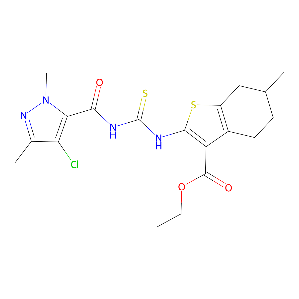 ethyl 2-[({[(4-chloro-1,3-dimethyl-1H-pyrazol-5-yl)carbonyl]amino}carbothioyl)amino]-6-methyl-4,5,6,7-tetrahydro-1-benzothiophene-3-carboxylate molecular structure, CAS 494218-55-2