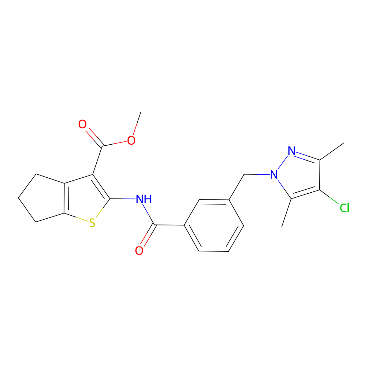 methyl 2-({3-[(4-chloro-3,5-dimethyl-1H-pyrazol-1-yl)methyl]benzoyl}amino)-5,6-dihydro-4H-cyclopenta[b]thiophene-3-carboxylate molecular structure, CAS 494218-56-3