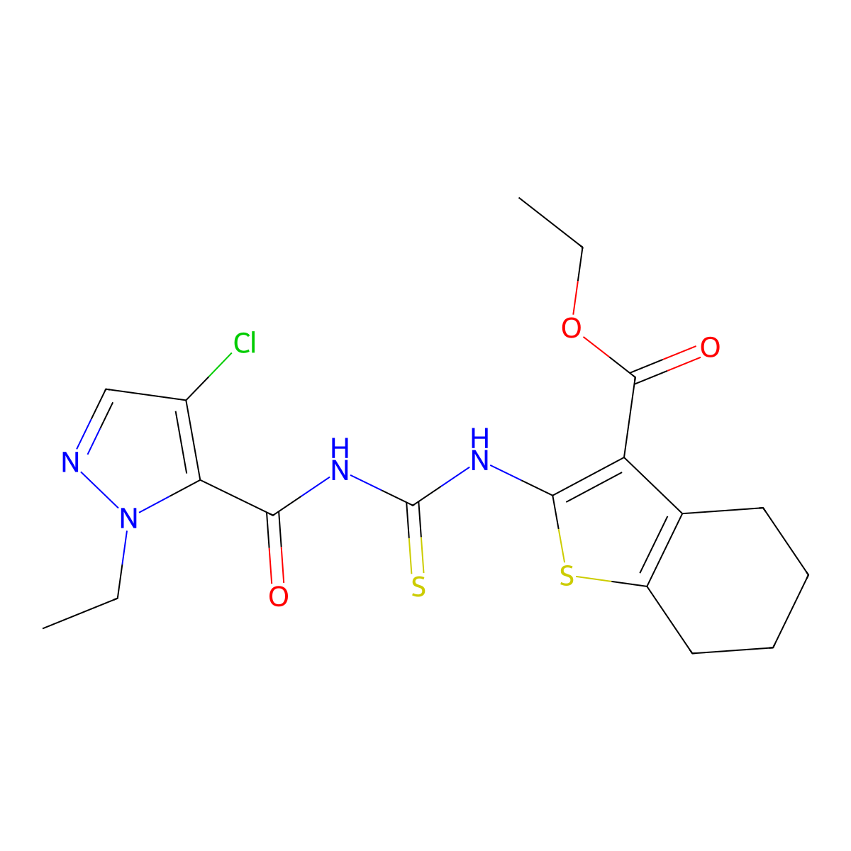 ethyl 2-[({[(4-chloro-1-ethyl-1H-pyrazol-5-yl)carbonyl]amino}carbothioyl)amino]-4,5,6,7-tetrahydro-1-benzothiophene-3-carboxylate molecular structure, CAS 494218-71-2