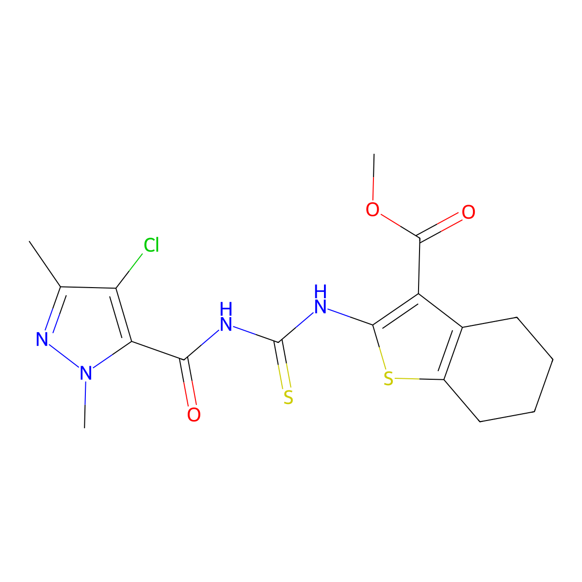 methyl 2-[({[(4-chloro-1,3-dimethyl-1H-pyrazol-5-yl)carbonyl]amino}carbothioyl)amino]-4,5,6,7-tetrahydro-1-benzothiophene-3-carboxylate molecular structure, CAS 494218-73-4