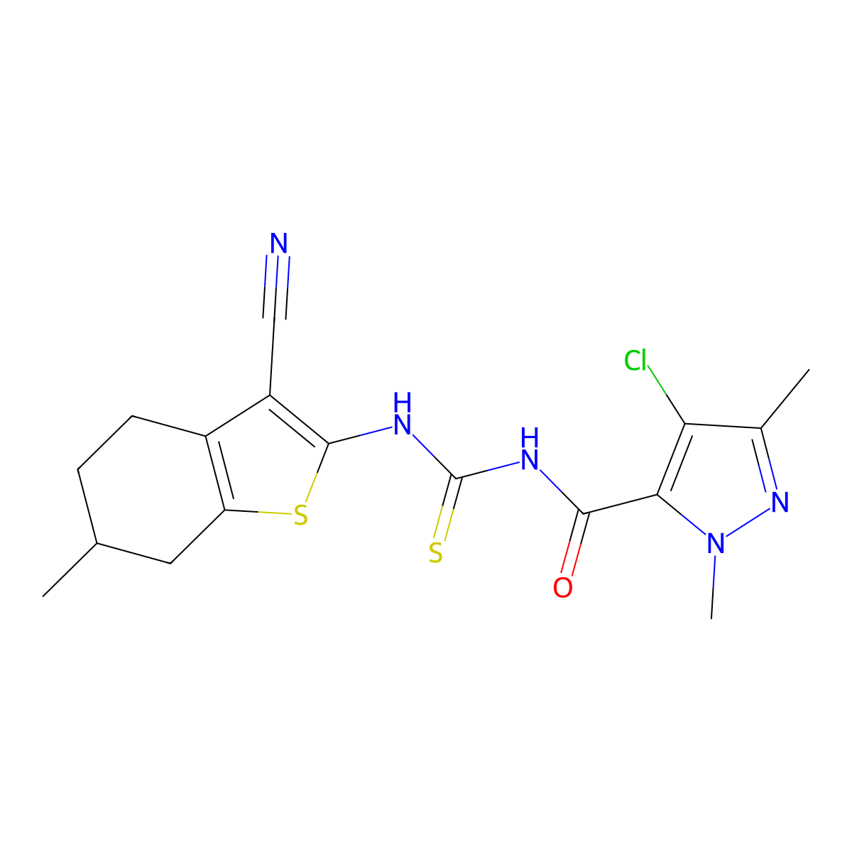 4-chloro-N-[(3-cyano-6-methyl-4,5,6,7-tetrahydro-1-benzothiophen-2-yl)carbamothioyl]-2,5-dimethylpyrazole-3-carboxamide molecular structure, CAS 494218-76-7