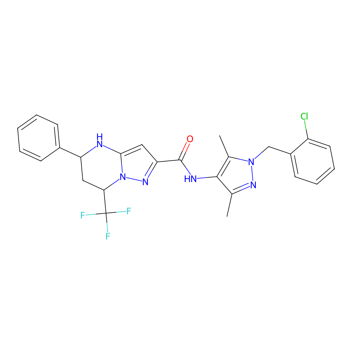N-[1-(2-chlorobenzyl)-3,5-dimethyl-1H-pyrazol-4-yl]-5-phenyl-7-(trifluoromethyl)-4,5,6,7-tetrahydropyrazolo[1,5-a]pyrimidine-2-carboxamide molecular structure, CAS 494218-90-5