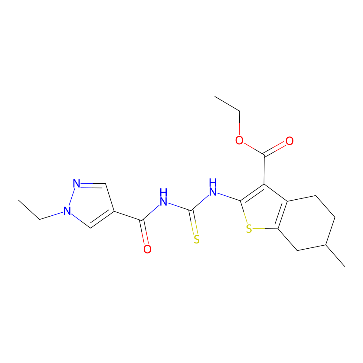 ethyl 2-[({[(1-ethyl-1H-pyrazol-4-yl)carbonyl]amino}carbothioyl)amino]-6-methyl-4,5,6,7-tetrahydro-1-benzothiophene-3-carboxylate molecular structure, CAS 494218-94-9