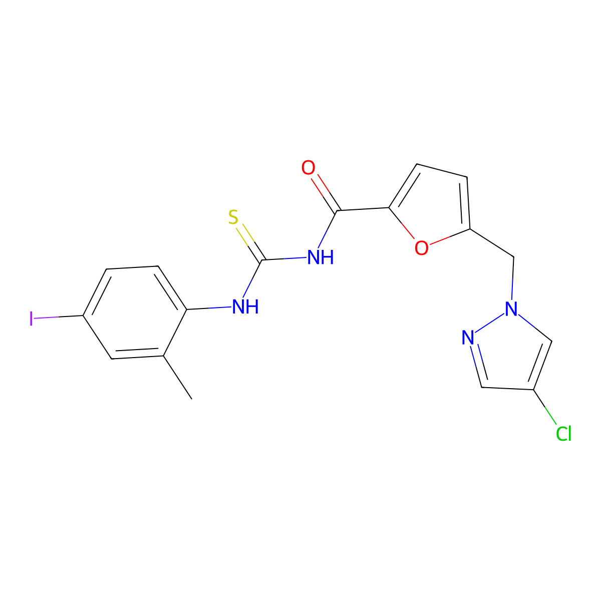 5-[(4-chloropyrazol-1-yl)methyl]-N-[(4-iodo-2-methylphenyl)carbamothioyl]furan-2-carboxamide molecular structure, CAS 494219-01-1