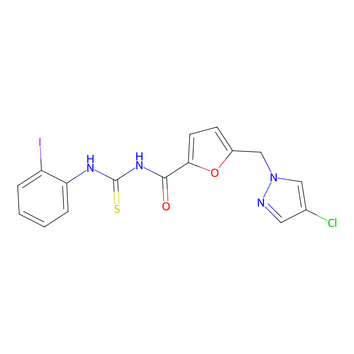 5-[(4-chloropyrazol-1-yl)methyl]-N-[(2-iodophenyl)carbamothioyl]furan-2-carboxamide molecular structure, CAS 494219-02-2