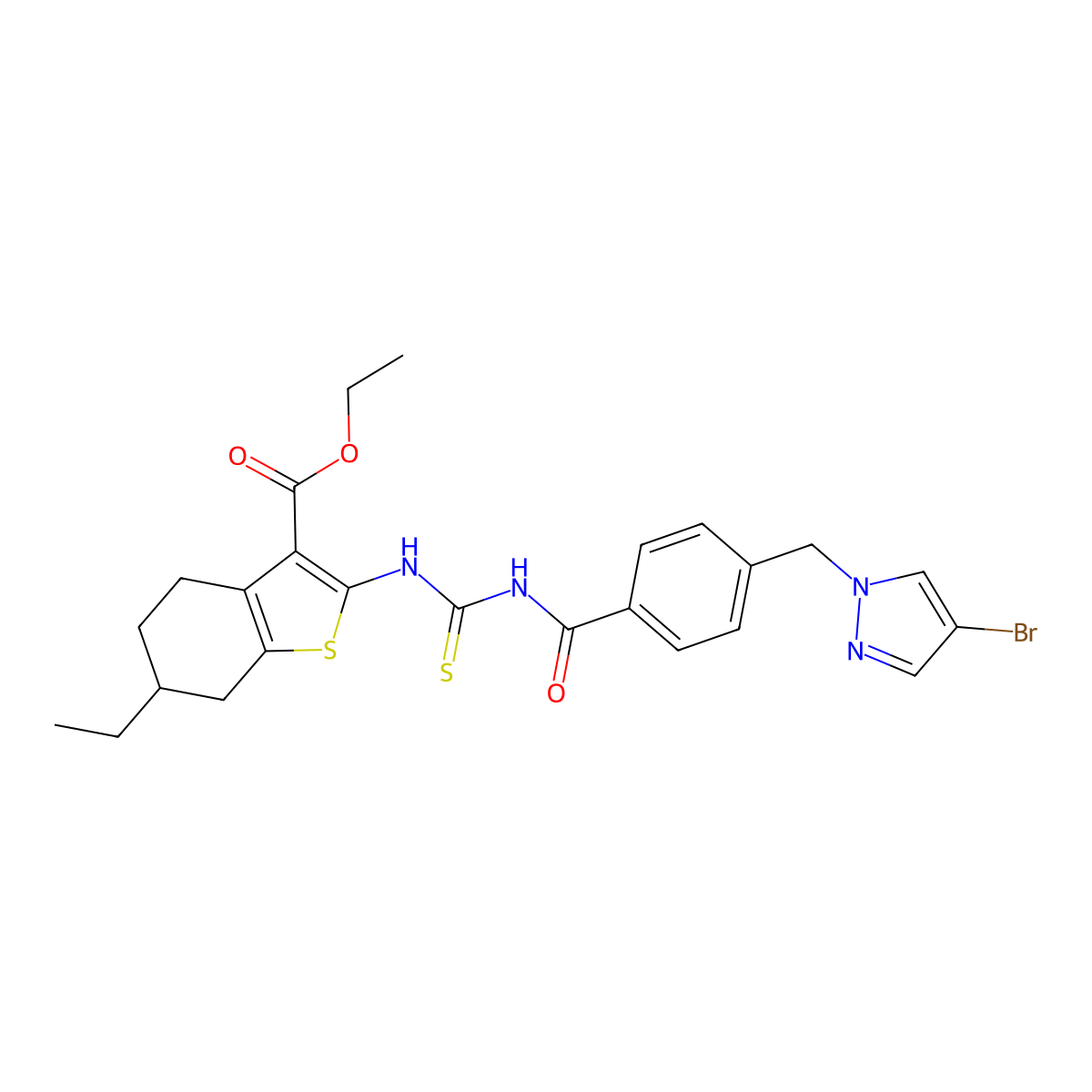 ethyl 2-{[({4-[(4-bromo-1H-pyrazol-1-yl)methyl]benzoyl}amino)carbothioyl]amino}-6-ethyl-4,5,6,7-tetrahydro-1-benzothiophene-3-carboxylate molecular structure, CAS 494219-03-3