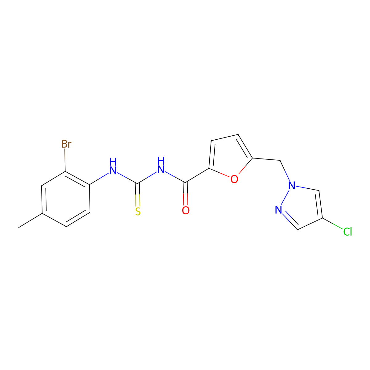 N-[(2-bromo-4-methylphenyl)carbamothioyl]-5-[(4-chloropyrazol-1-yl)methyl]furan-2-carboxamide molecular structure, CAS 494219-09-9