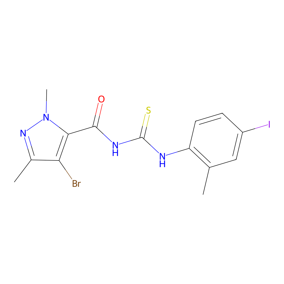 4-bromo-N-[(4-iodo-2-methylphenyl)carbamothioyl]-2,5-dimethylpyrazole-3-carboxamide molecular structure, CAS 494219-12-4