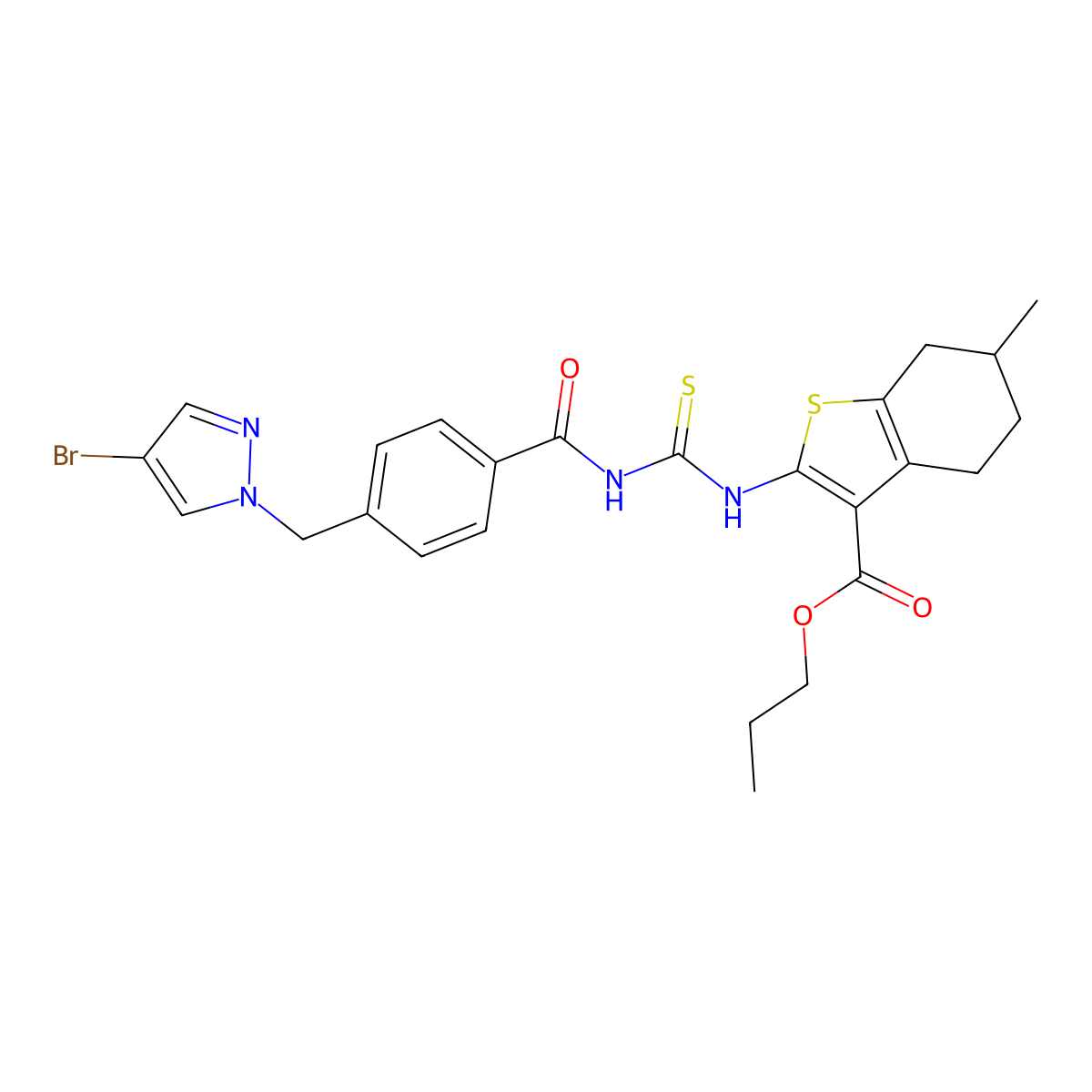 propyl 2-{[({4-[(4-bromo-1H-pyrazol-1-yl)methyl]benzoyl}amino)carbothioyl]amino}-6-methyl-4,5,6,7-tetrahydro-1-benzothiophene-3-carboxylate molecular structure, CAS 494219-15-7